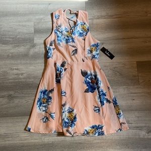 Lulus light pink and blue floral dress criss cross back